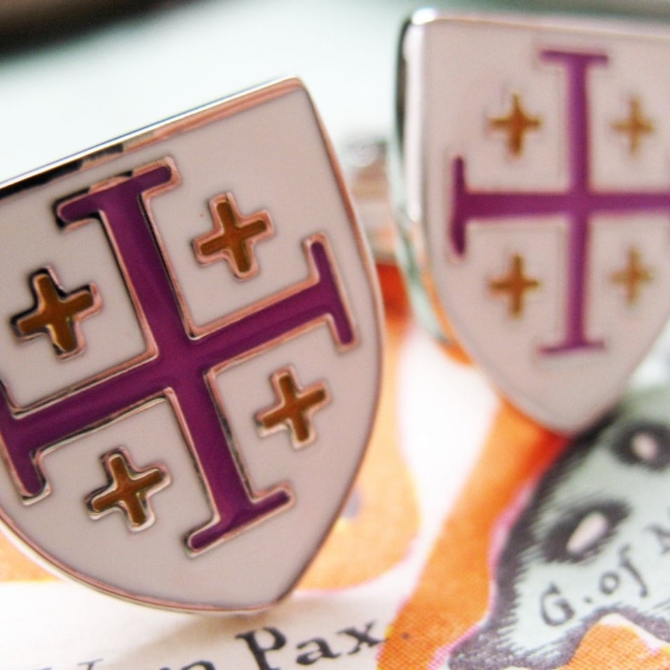 Crusader Cross Cufflinks White with Purple Yellow Enamel Shield Cuff Links Image 2