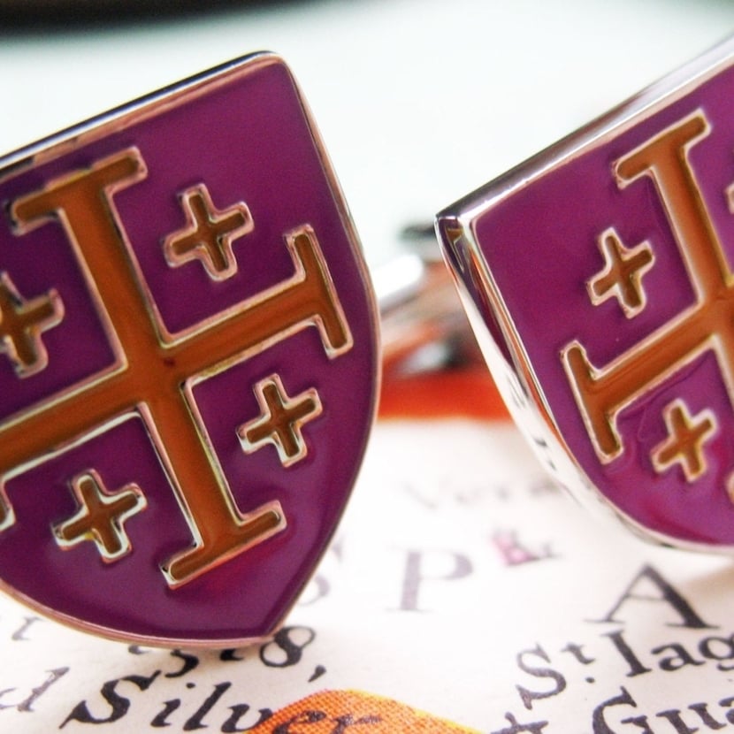 Crusader Cross Cufflinks Purple and Yellow Enamel Shield Cuff Links Image 2