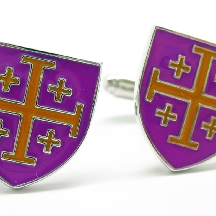 Crusader Cross Cufflinks Purple and Yellow Enamel Shield Cuff Links Image 3