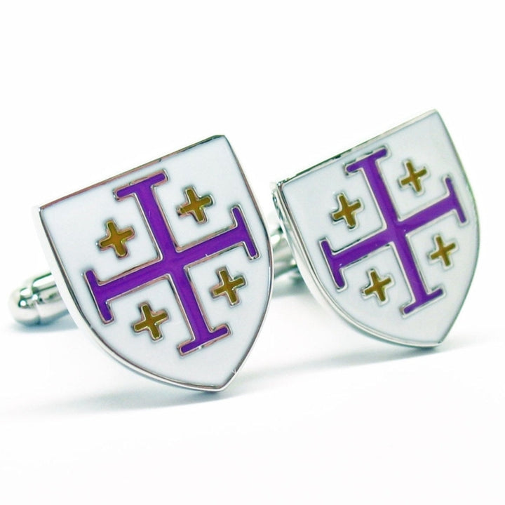 Crusader Cross Cufflinks White with Purple Yellow Enamel Shield Cuff Links Image 3