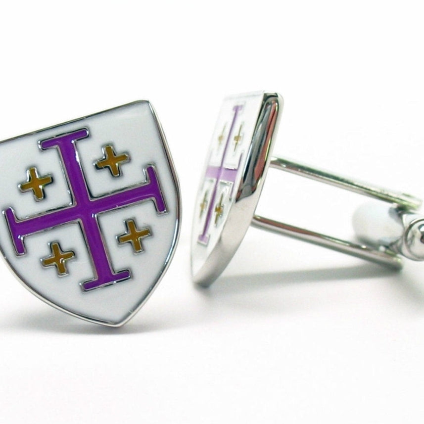 Crusader Cross Cufflinks White with Purple Yellow Enamel Shield Cuff Links Image 4