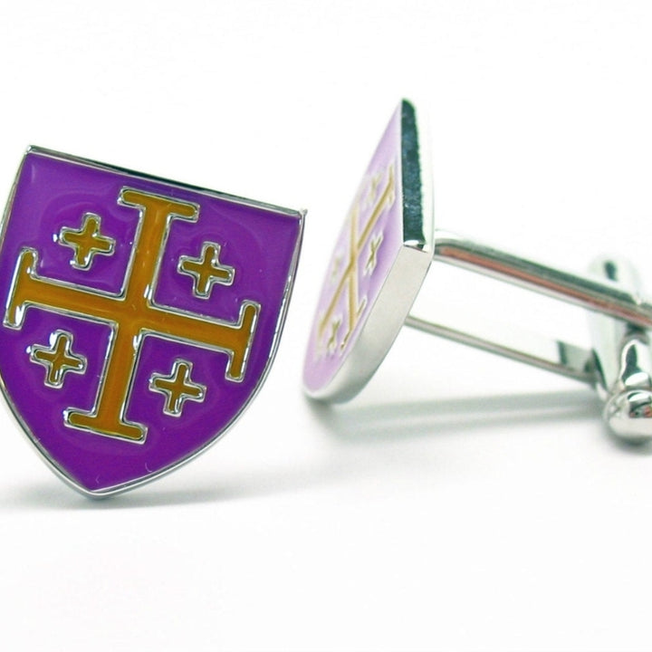 Crusader Cross Cufflinks Purple and Yellow Enamel Shield Cuff Links Image 4