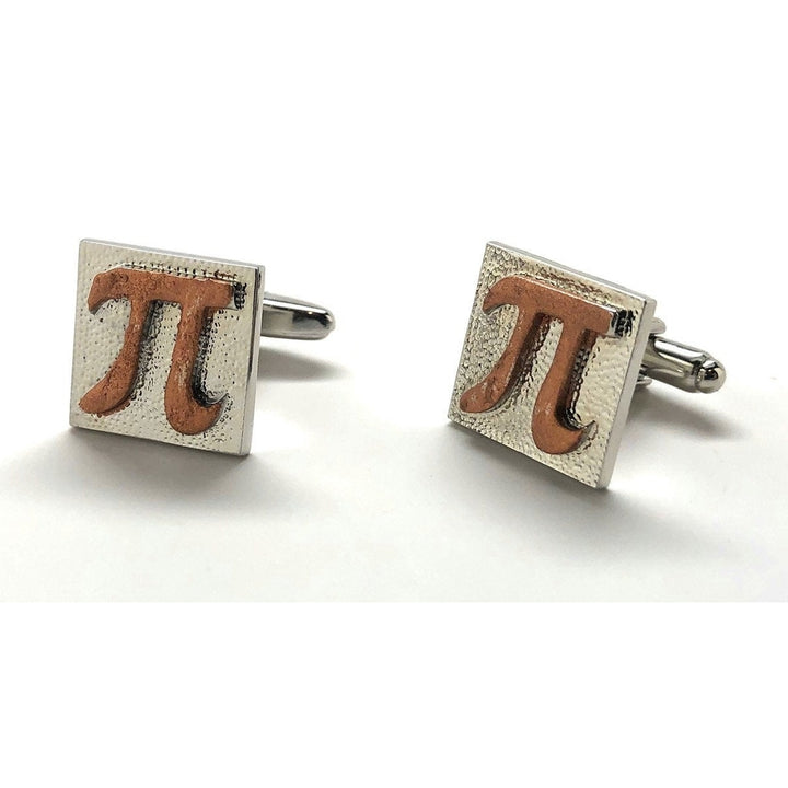 PI Symbol Cufflinks Silver with Rustic Copper Hammered Block Math Wizard Sign Mad Scientist Cuff Links Teacher Gift Image 4