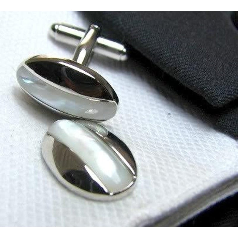 Silver Oval Cats Eye Cufflinks Mother of Pearl Stripe Oval Formal Cufflinks Cuff Links Image 1