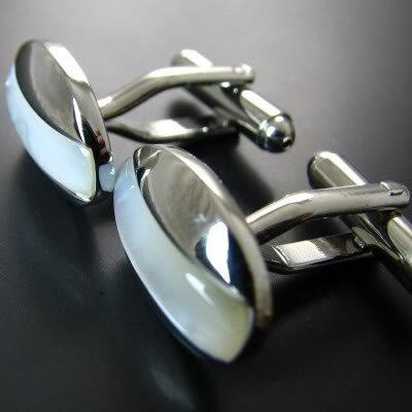 Silver Oval Cats Eye Cufflinks Mother of Pearl Stripe Oval Formal Cufflinks Cuff Links Image 2