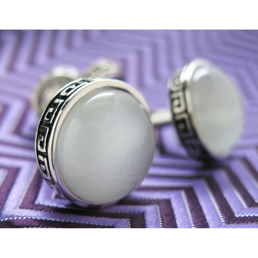 Roman Greek Tile White Tigers Eye Straight Solid Post Cufflinks Cuff Links Image 3