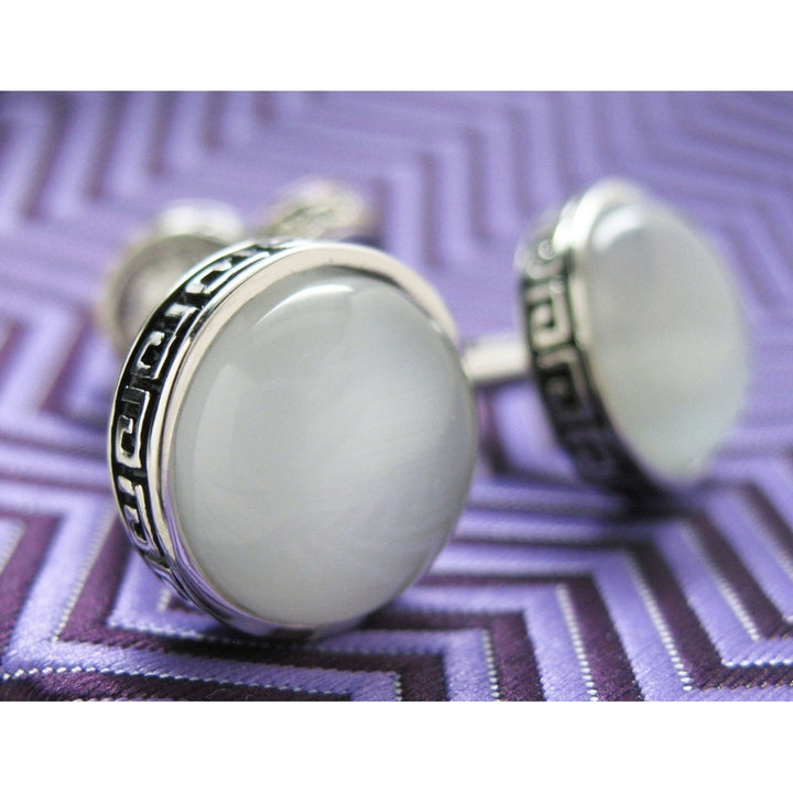 Roman Greek Tile White Tigers Eye Straight Solid Post Cufflinks Cuff Links Image 3