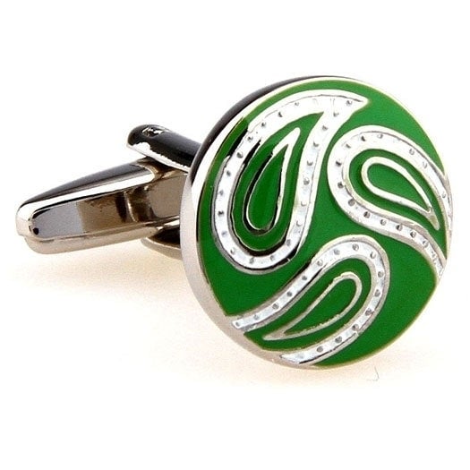 Warm Summer Round Green White Paisley Cufflinks Cuff Links Image 1