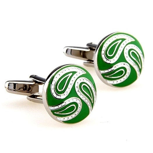 Warm Summer Round Green White Paisley Cufflinks Cuff Links Image 2