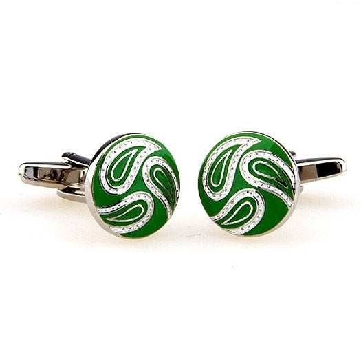 Warm Summer Round Green White Paisley Cufflinks Cuff Links Image 3