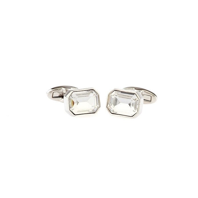 White Cut Cufflinks Diamond Cut Large Crystal Stone with Silver Accents Cuff Links Image 2