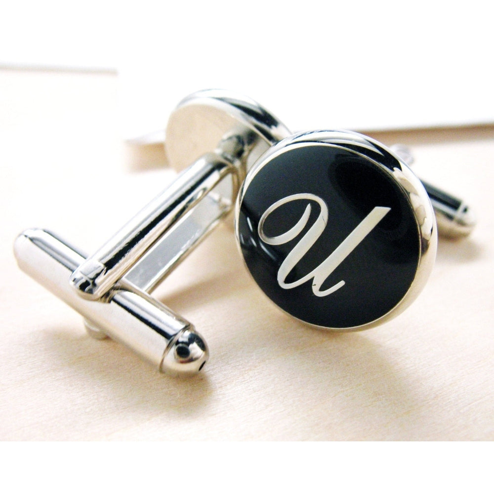 U Initial Cufflinks Silver Toned Round Black Enamel Script Letters Fancy Script Cuff Links Groom Father Bride Wedding Image 2