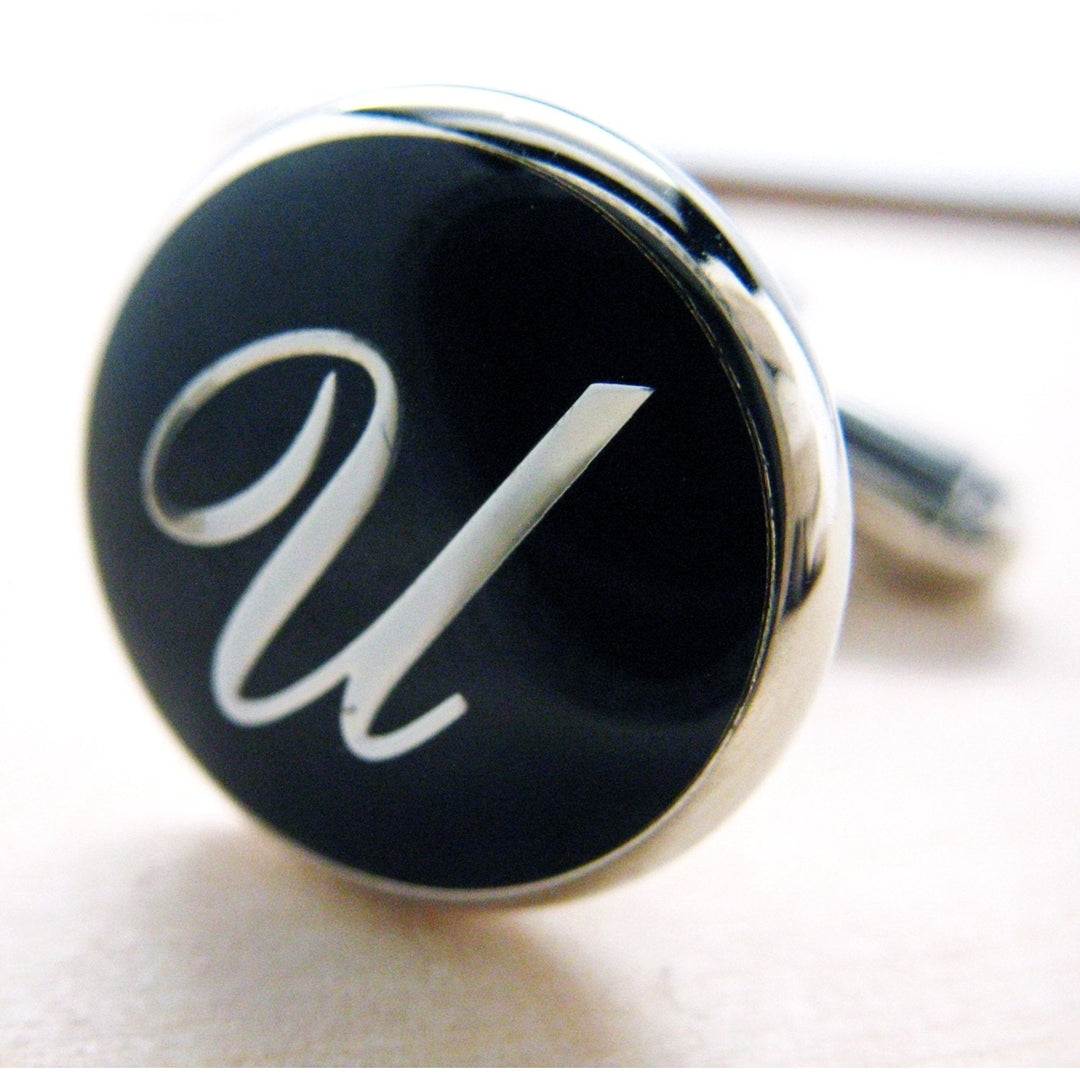 U Initial Cufflinks Silver Toned Round Black Enamel Script Letters Fancy Script Cuff Links Groom Father Bride Wedding Image 3