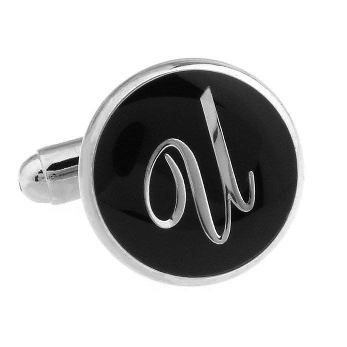 U Initial Cufflinks Silver Toned Round Black Enamel Script Letters Fancy Script Cuff Links Groom Father Bride Wedding Image 4