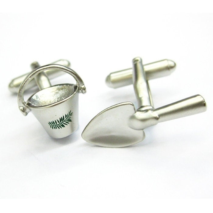 Silver Matt Finish Sand Bucket and Shovel Fun Pail and Shovel Cufflinks Cuff Links Image 1