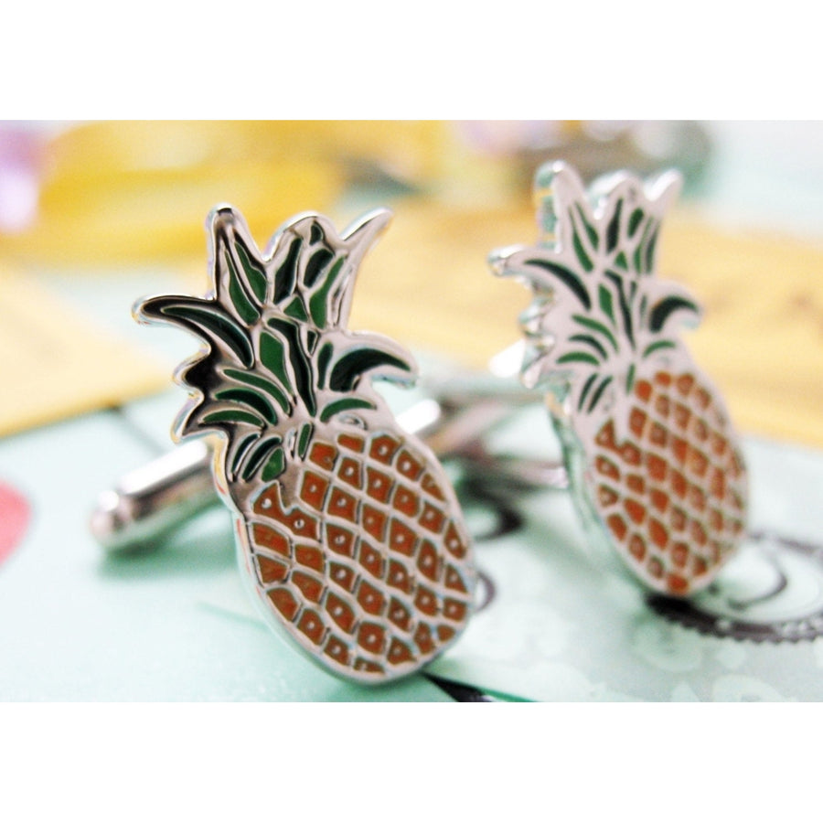 Pineapple Cufflinks Silver Tone Fun Food Fruit Pine Apple Cuff Links Comes with a Gift Box Image 1