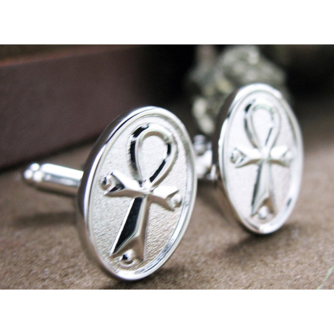 Egyptian Ankh Cufflinks Silver Tone Cuff Links Image 2