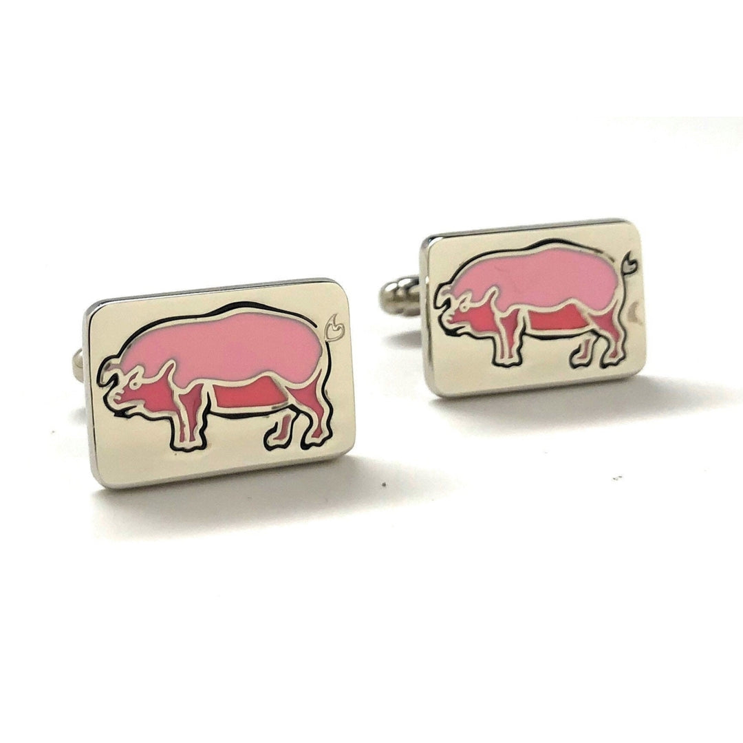 Pig Cufflinks Silver Tone Pink Enamel Detail Lucky Good Luck Pig Hog Farmer Pork Bellies Farm Have You Seen the Little Image 1