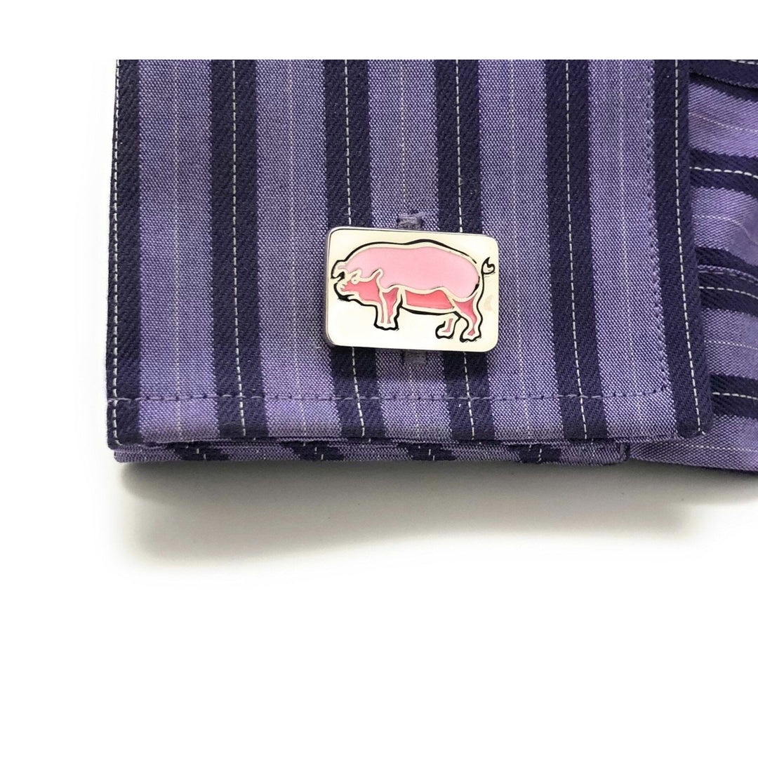 Pig Cufflinks Silver Tone Pink Enamel Detail Lucky Good Luck Pig Hog Farmer Pork Bellies Farm Have You Seen the Little Image 4