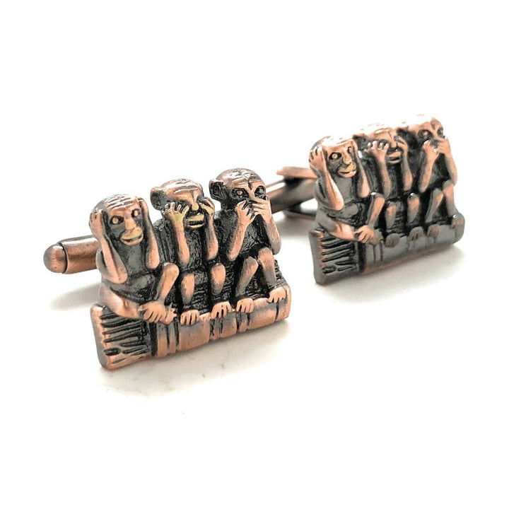 Hear no Evil See no Evil Speak no Evil Cufflinks Antique Copper Tone 3D Monkeys Cool Fun Office Work Cuff Links with Image 1