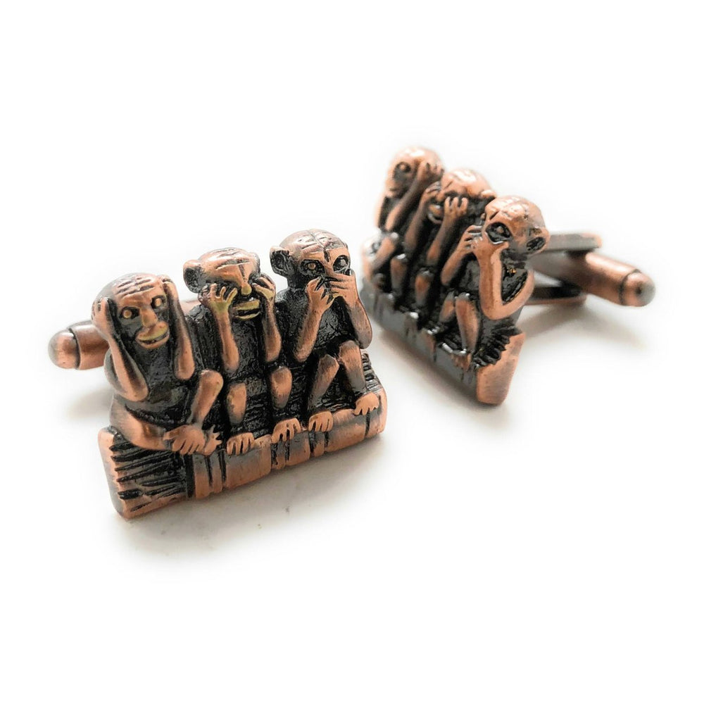 Hear no Evil See no Evil Speak no Evil Cufflinks Antique Copper Tone 3D Monkeys Cool Fun Office Work Cuff Links with Image 2