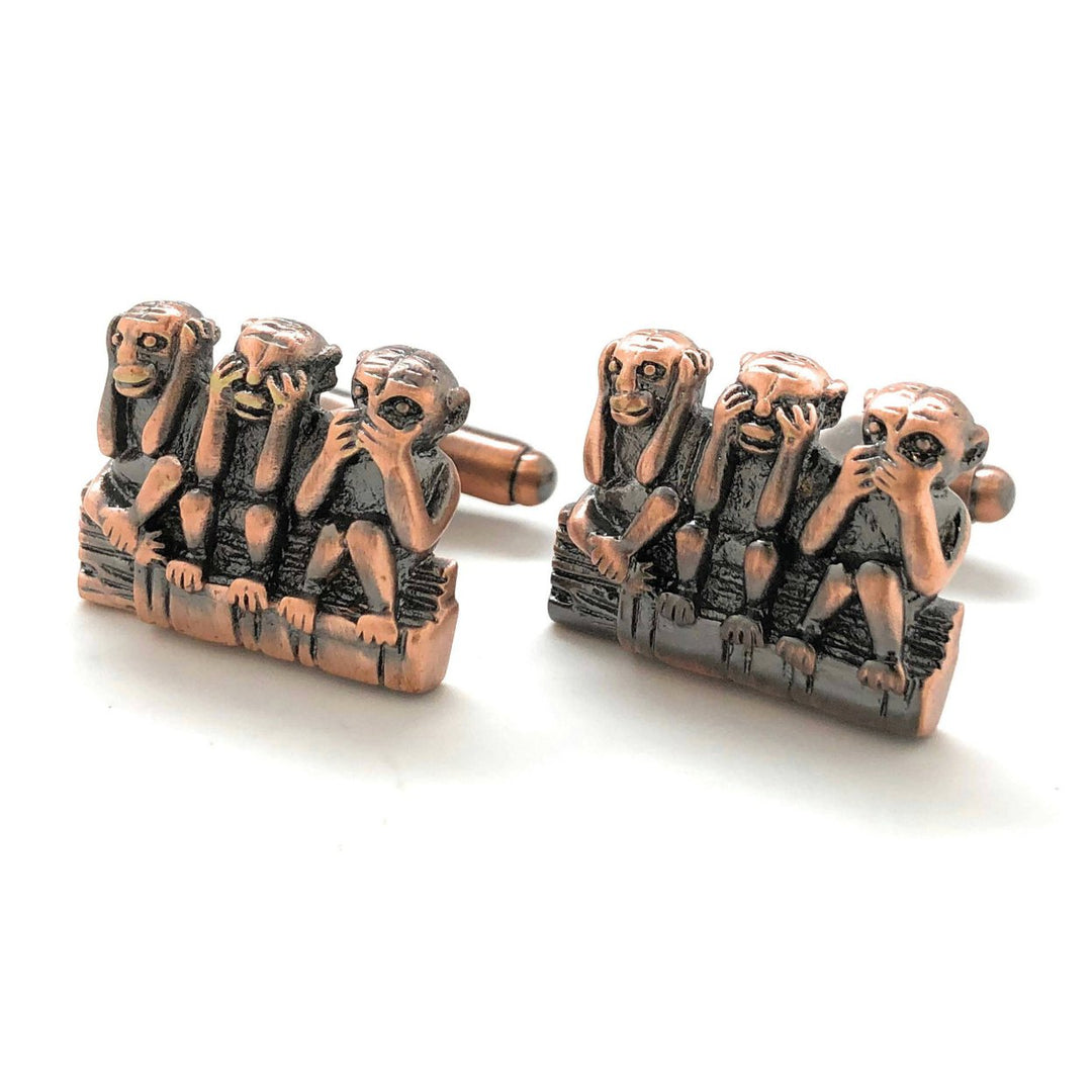 Hear no Evil See no Evil Speak no Evil Cufflinks Antique Copper Tone 3D Monkeys Cool Fun Office Work Cuff Links with Image 4