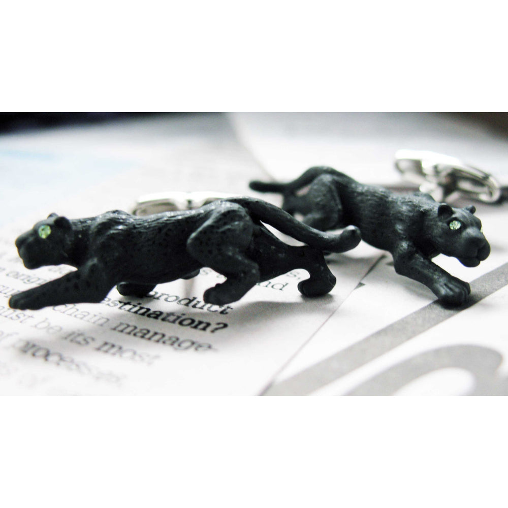 Black Panther Cufflinks Green Gem Eyes Enamel Prowling Cat Cuff Links Image 2