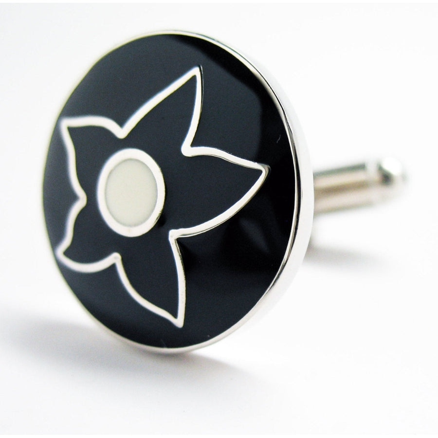 Tropical Press Flower Cufflinks Black Enamel Silver Toned Domed Shaped Great Design Cuff Links Image 1