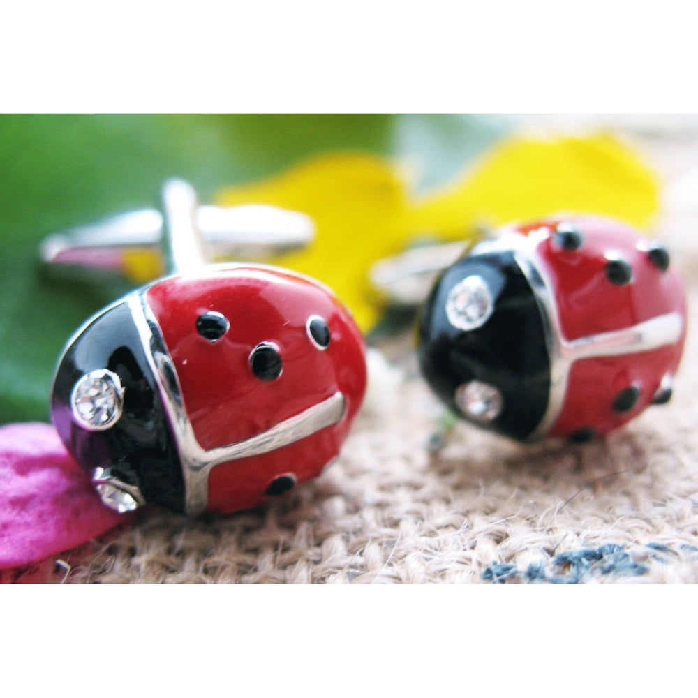 Silver Red Black Lady Bug with Crystal Eyes Cufflinks Ladybug Cuff Links Image 2