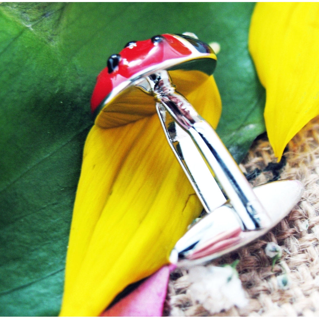 Silver Red Black Lady Bug with Crystal Eyes Cufflinks Ladybug Cuff Links Image 3