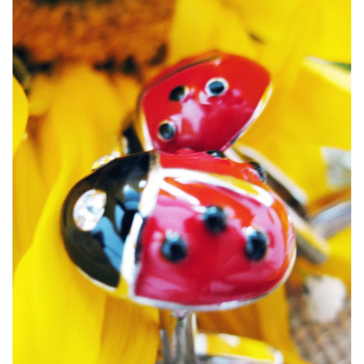 Silver Red Black Lady Bug with Crystal Eyes Cufflinks Ladybug Cuff Links Image 4