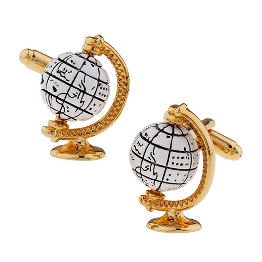 Spinning Globe Cufflinks White Glode with Gold Around the World Sailing Traveler Cuff Links Image 1