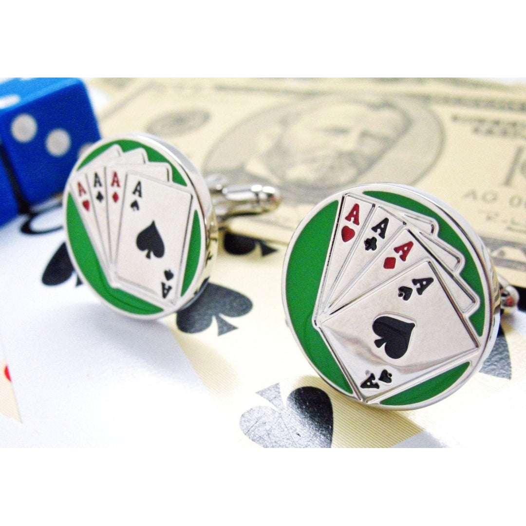 Full Stack of Aces Cufflinks Round Silver Toned Green Enamel Las Vegas Fun Gambling Cuff Links High Rollers Poker Image 1