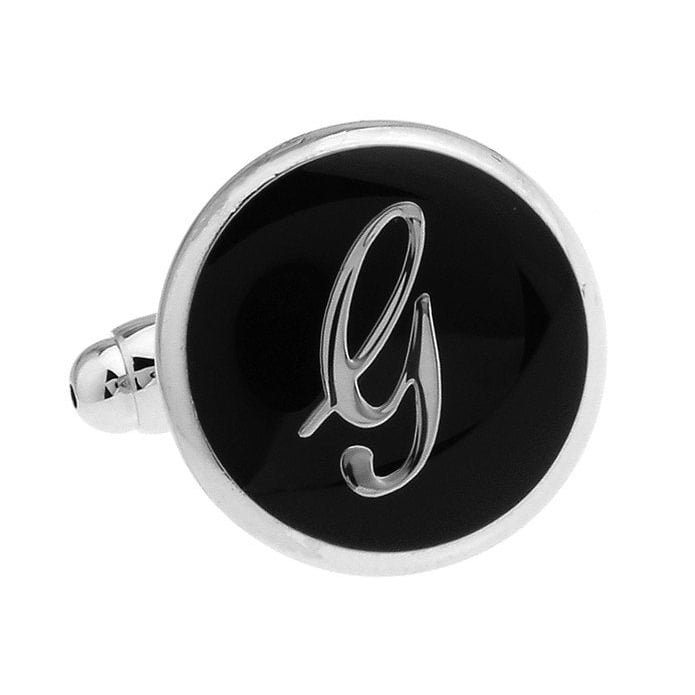 G Initials Cufflinks Silver Toned Round Black Enamel Script Letters G Personalized Groom Father Bride Wedding Image 4