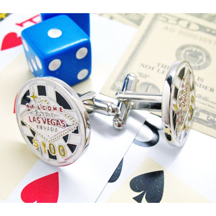 Las Vegas Chip Cufflinks Silver Toned Black and Red Enamel Lucky Charm Poker Chip Fun Cuff Links Image 3