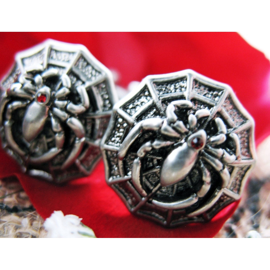 Gunmetal Spider Cufflinks Silver Toned Red Crystal Spider Bug Animal Insect Cuff Links Image 3