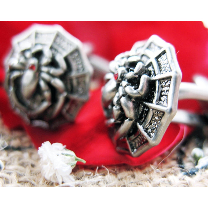 Gunmetal Spider Cufflinks Silver Toned Red Crystal Spider Bug Animal Insect Cuff Links Image 4