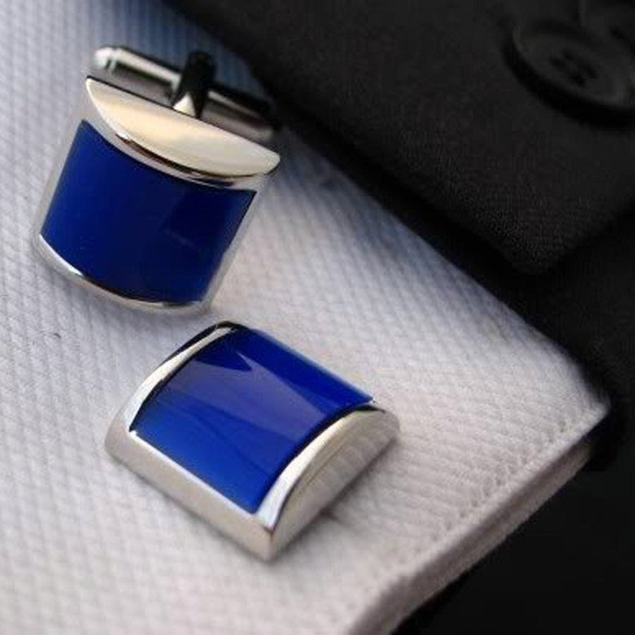 Silver Half Moon Blue Cat Eyes Cufflinks Cuff Links Image 1