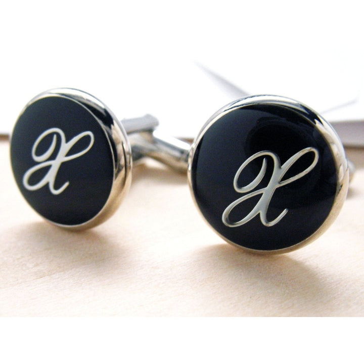 X Cufflinks Initial Silver Round Black Enamel Script Letters Vintage Cuff Links Groom Father Bride Wedding Anniversary Image 1