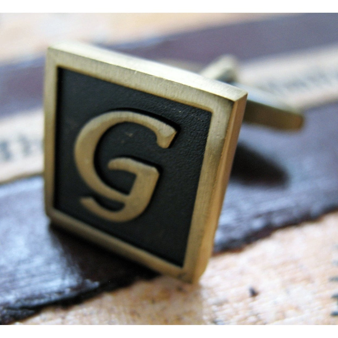 G Initial Cufflinks Antique Brass Square 3-D Letter Vintage English Lettering Cuff Links Groom Father Bride Wedding Box Image 1