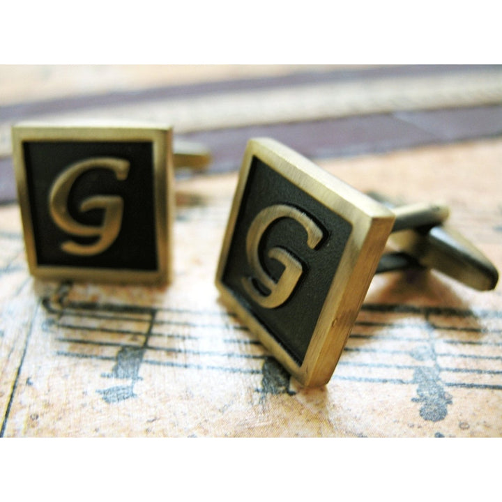 G Initial Cufflinks Antique Brass Square 3-D Letter Vintage English Lettering Cuff Links Groom Father Bride Wedding Box Image 2