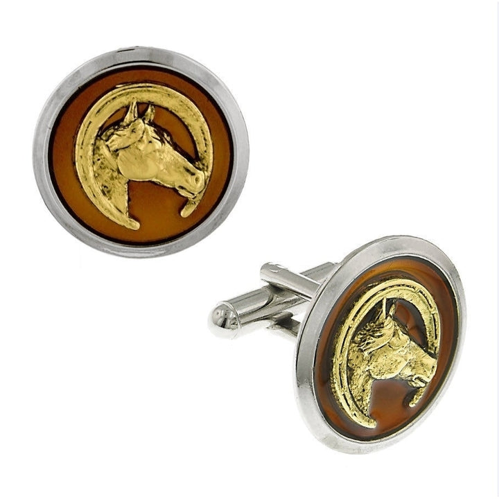 Horse Cufflinks Silver and Gold Tone Round Brown Enamel Cuff Links Image 1