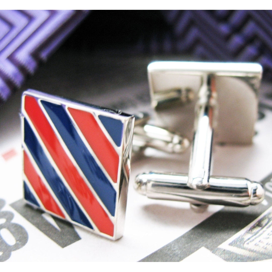 Daily Gent Cufflinks Orange and Navy Stripes Classic Tile Silver Tone Cuff Links Image 2