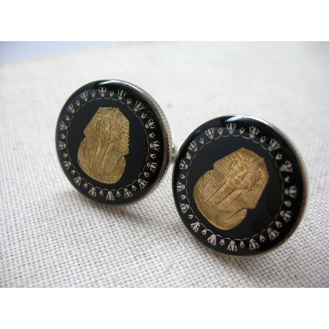 Enamel Cufflinks Egypt Cufflinks Black Pharaoh Hand Painted Enamel Coin Jewelry Egyptian Cuff Links Enamelled Coin Image 1