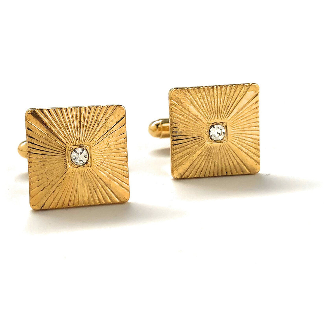 Gold Square Cufflinks Pleated Square Gold Tone Center Clear Crystal Cuff Links Gifts for Dad Husband Gifts for Him Image 1