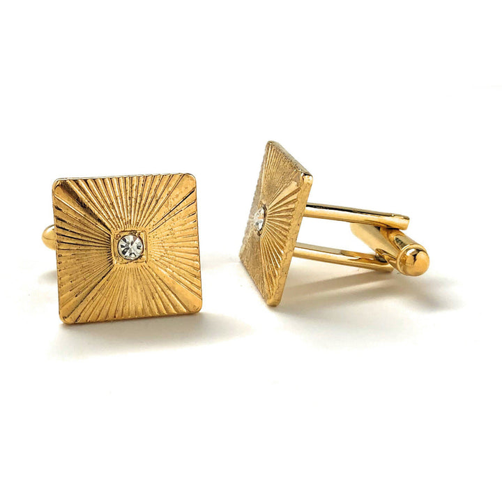 Gold Square Cufflinks Pleated Square Gold Tone Center Clear Crystal Cuff Links Gifts for Dad Husband Gifts for Him Image 2