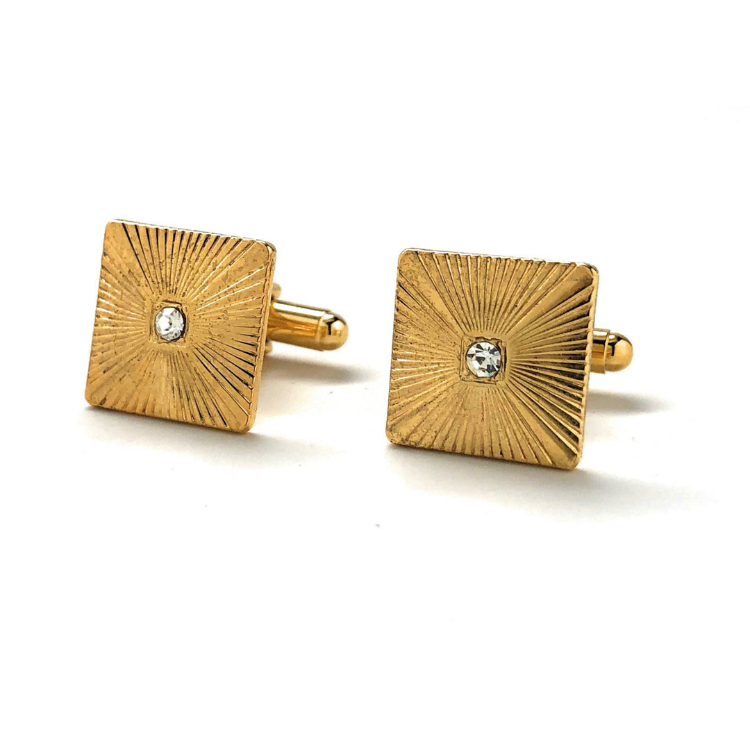 Gold Square Cufflinks Pleated Square Gold Tone Center Clear Crystal Cuff Links Gifts for Dad Husband Gifts for Him Image 4