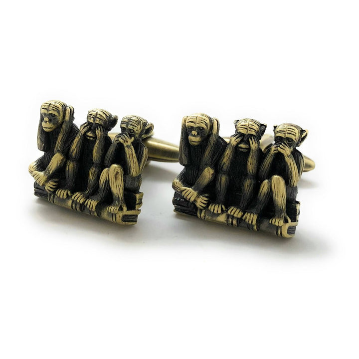 Hear no Evil See no Evil Speak no Evil Cufflinks Antique Brass Tone 3D Monkeys Cool Fun Office Work Cuff Links with Image 1