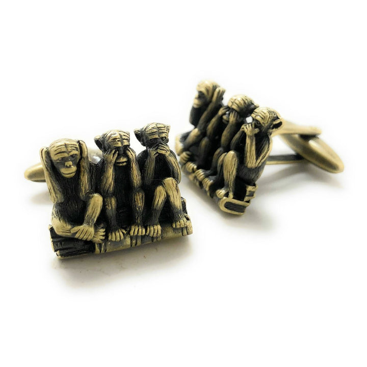 Hear no Evil See no Evil Speak no Evil Cufflinks Antique Brass Tone 3D Monkeys Cool Fun Office Work Cuff Links with Image 3