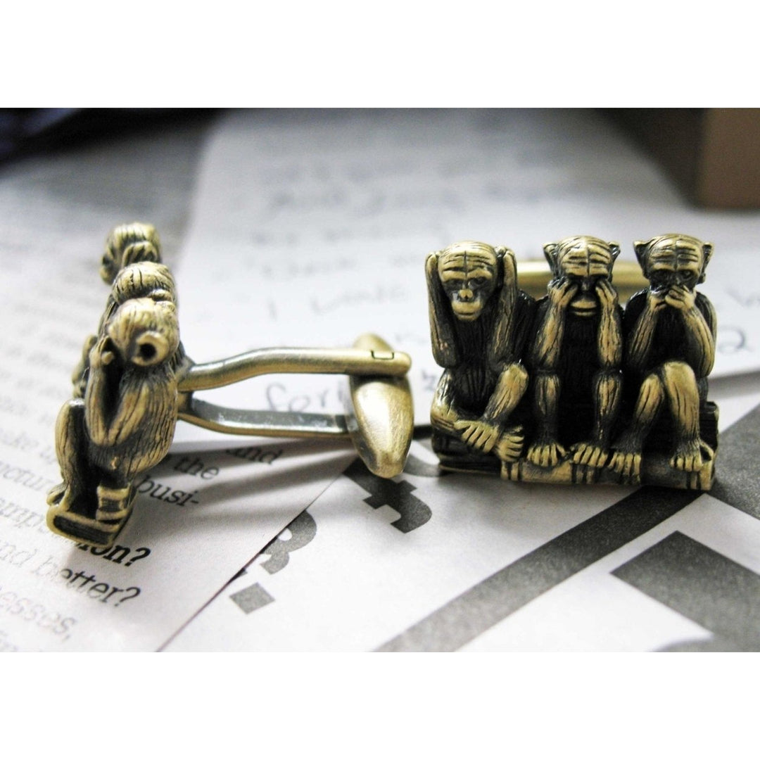 Hear no Evil See no Evil Speak no Evil Cufflinks Antique Brass Tone 3D Monkeys Cool Fun Office Work Cuff Links with Image 4